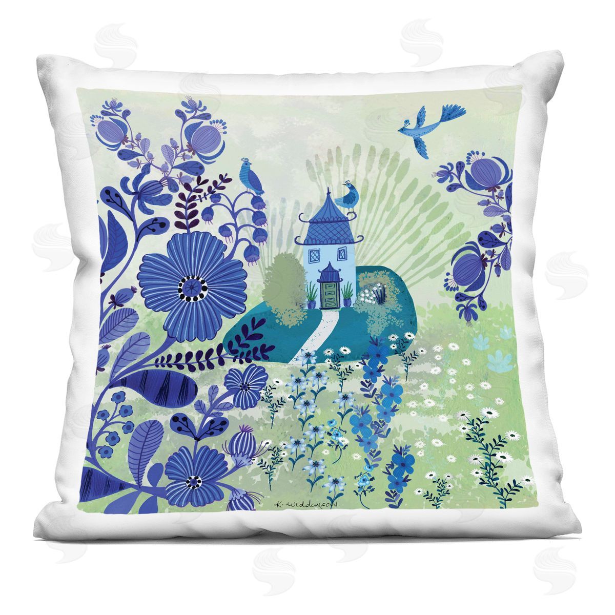Kay Widdowson Whimsical Blue Garden Printed Plush Polyester Throw Pillow
