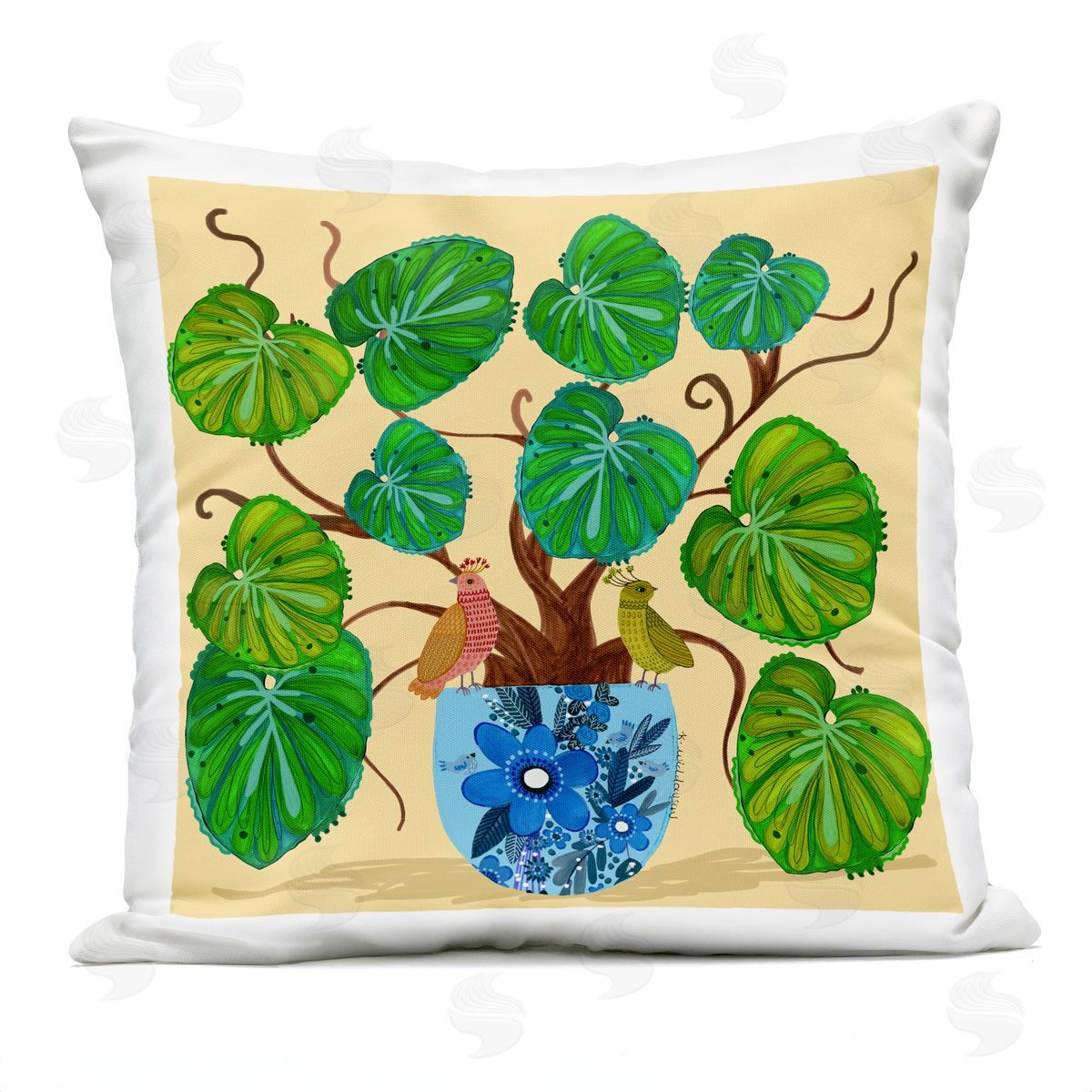 Kay Widdowson Potted Plant & Birds Perched Outdoor Quick-Dry Polyester Printed Throw Pillow
