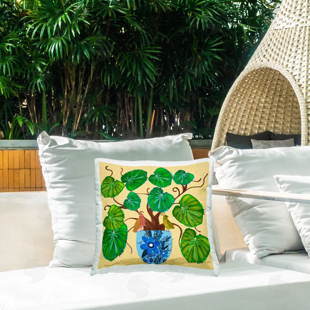 Kay Widdowson Potted Plant & Birds Perched Outdoor Quick-Dry Polyester Printed Throw Pillow in Back Yard