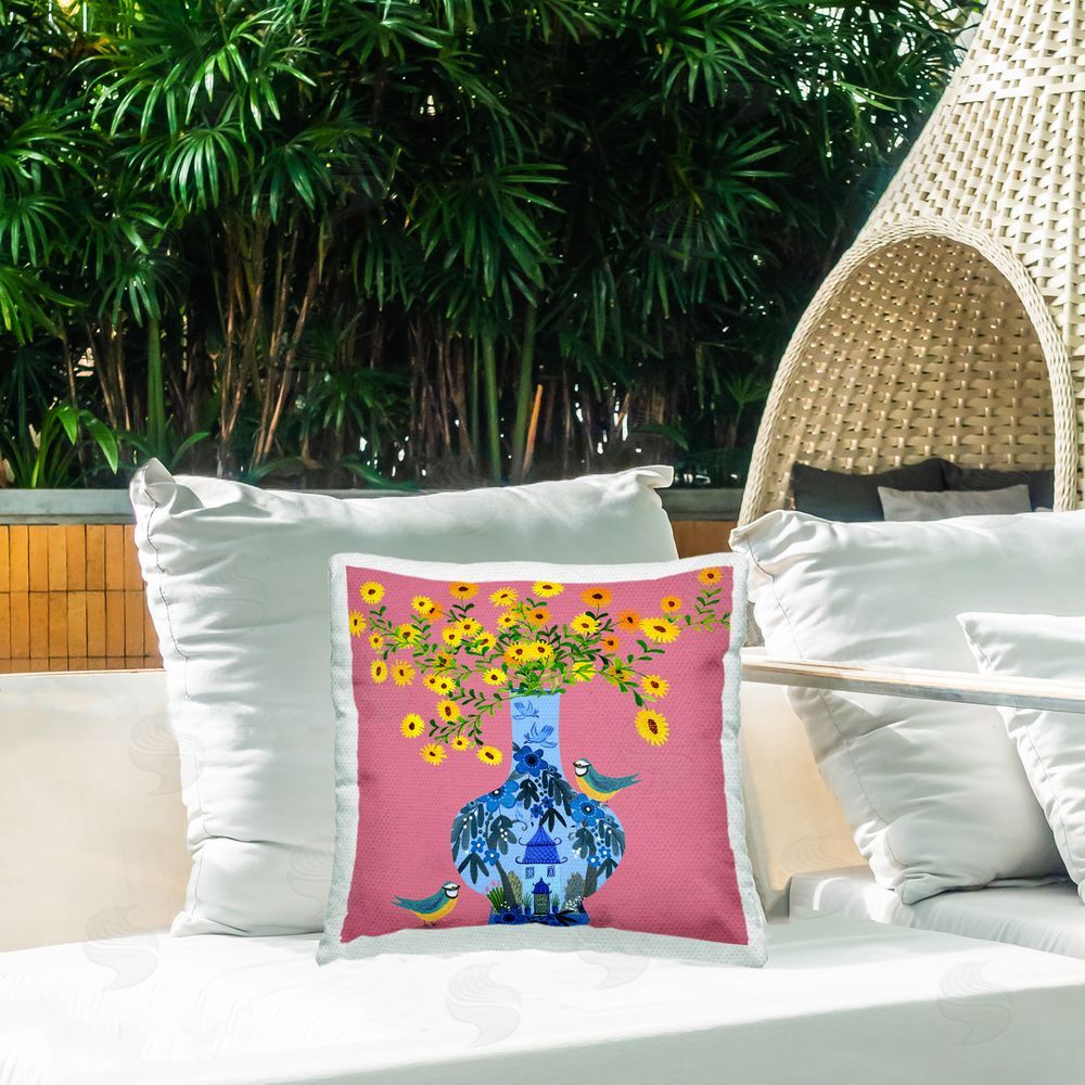 Kay Widdowson Ornate Vase with Daisies Outdoor Quick-Dry Polyester Printed Throw Pillow in Back Yard