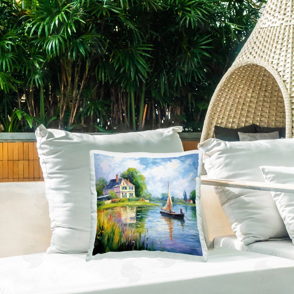 Heidi Kuntz Boat Drifting Near Shore Outdoor Quick-Dry Polyester Printed Throw Pillow in Back Yard
