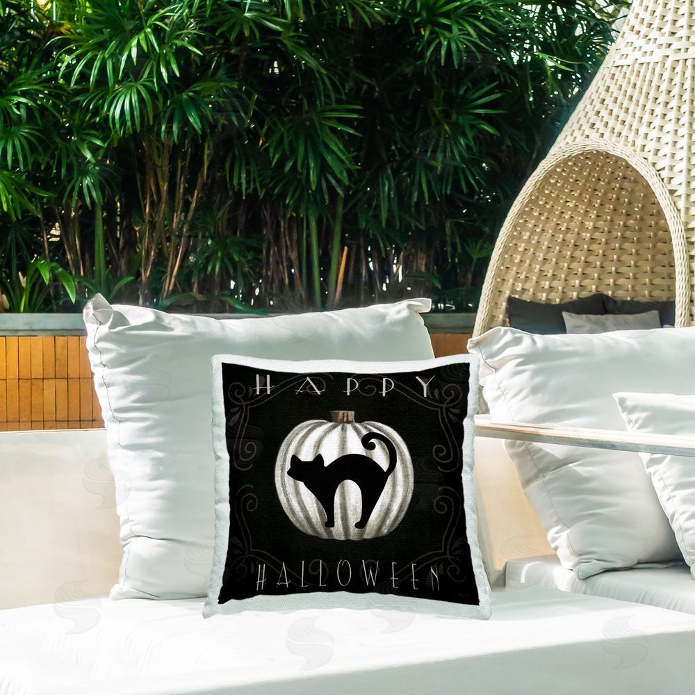 Elizabeth Tyndall Happy Halloween Cat & Pumpkin Outdoor Quick-Dry Polyester Printed Throw Pillow in Back Yard