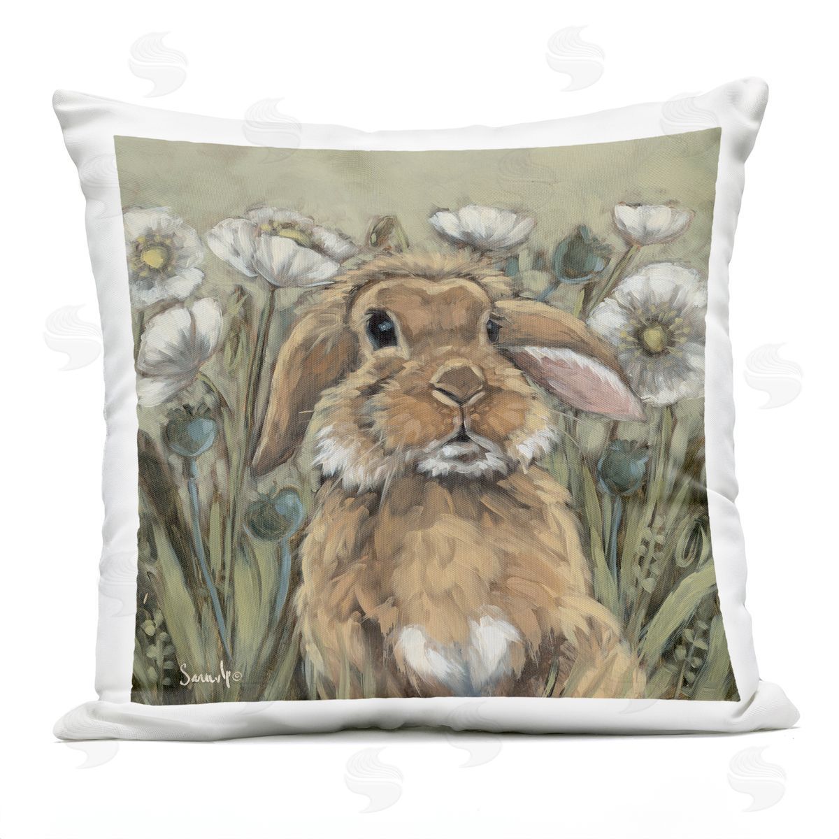 Sara G. Designs Rabbit in Poppy Garden Outdoor Quick-Dry Polyester Printed Throw Pillow