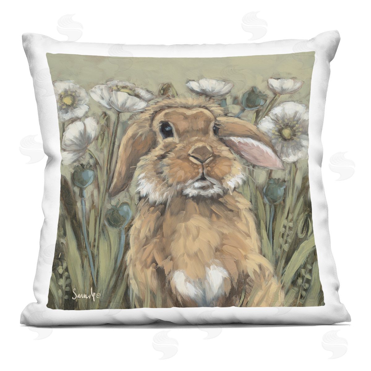 Sara G. Designs Rabbit in Poppy Garden Printed Plush Polyester Throw Pillow