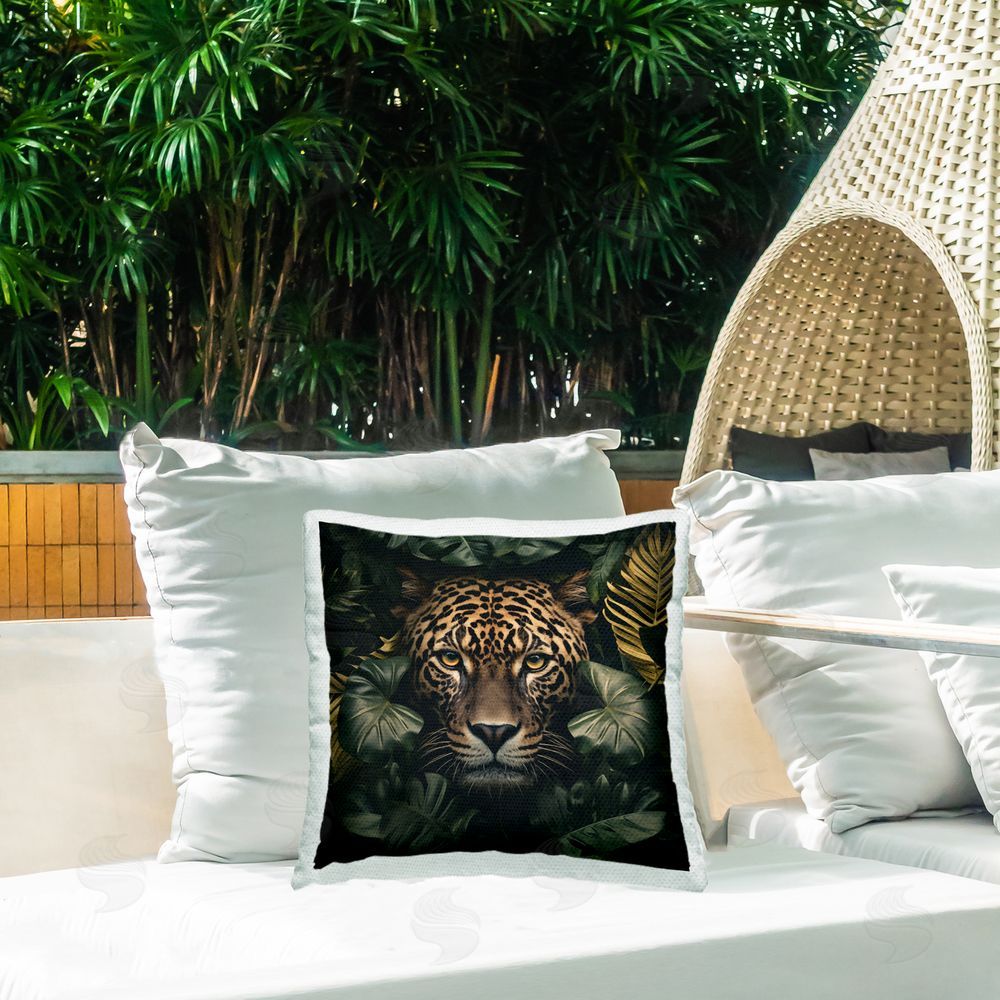 Heidi Kuntz Leopard in Exotic Palms Outdoor Quick-Dry Polyester Printed Throw Pillow in Back Yard