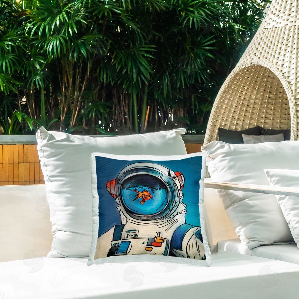 Kamdon Kreations Goldfish Astronaut Suit Outdoor Quick-Dry Polyester Printed Throw Pillow in Back Yard