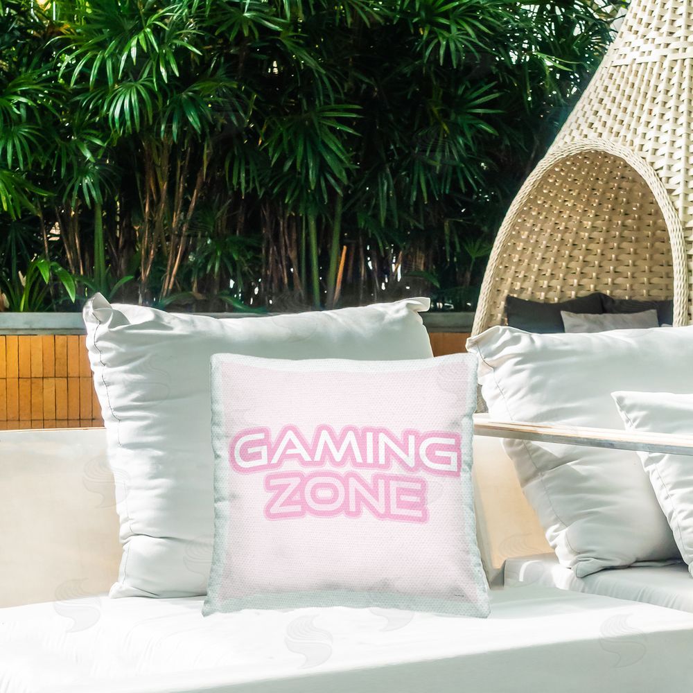 Yass Naffas Designs Pastel Pink Gaming Zone Outdoor Quick-Dry Polyester Printed Throw Pillow in Back Yard
