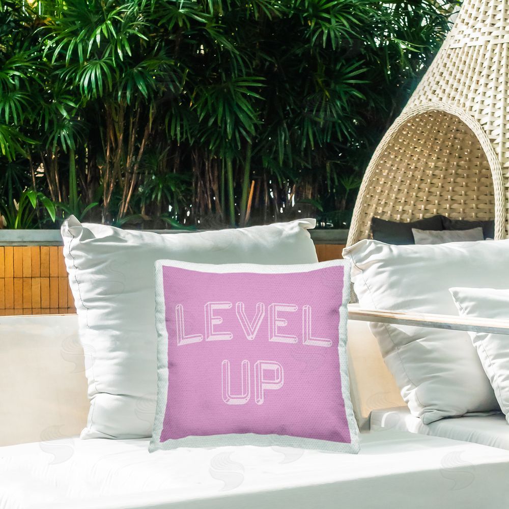 Yass Naffas Designs Level Up Purple & White Outdoor Quick-Dry Polyester Printed Throw Pillow in Back Yard