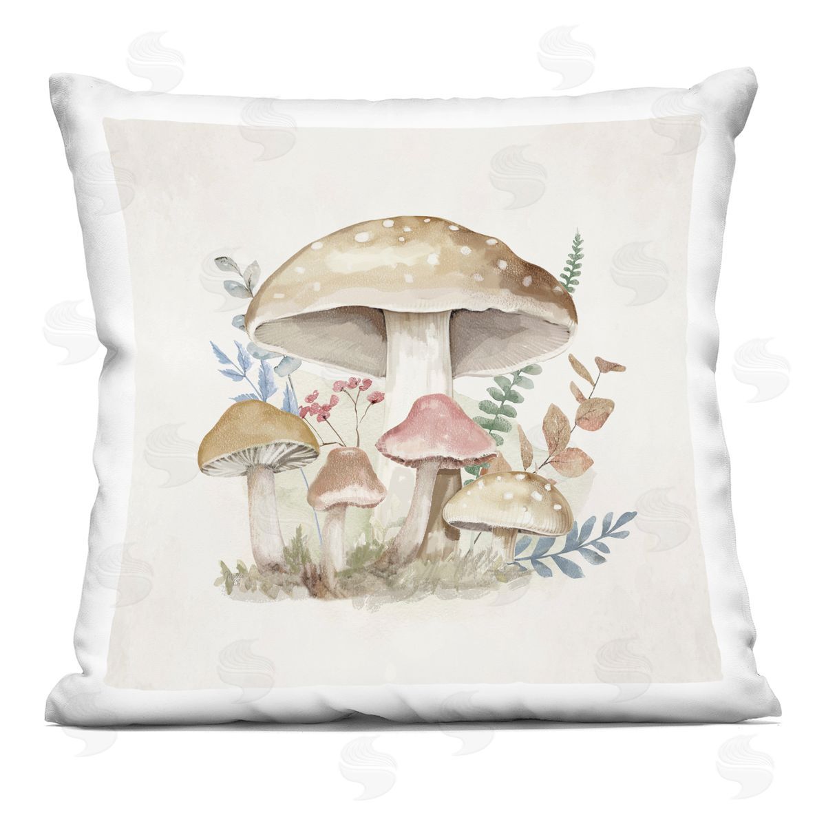 Mollie B. Neutral Cottage Mushrooms Printed Plush Polyester Throw Pillow