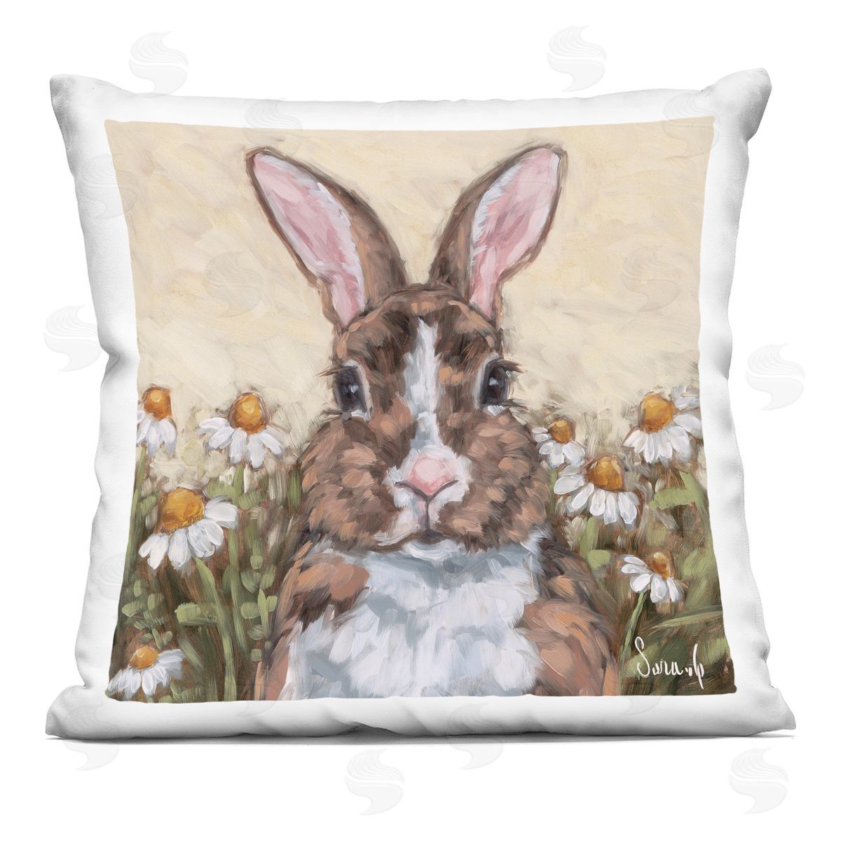 Sara G. Designs Rabbit Portrait with Daisies Printed Plush Polyester Throw Pillow
