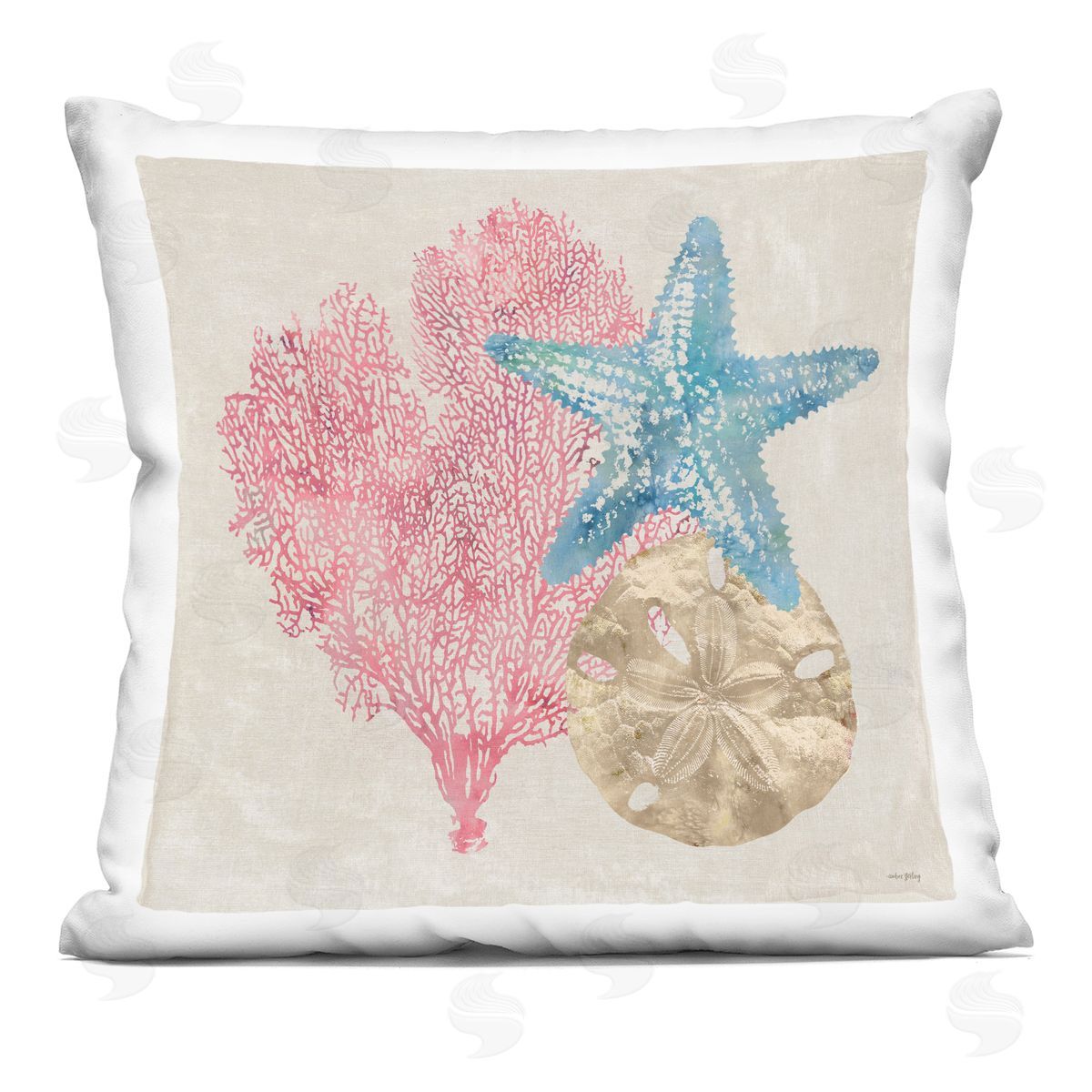 Amber Sterling Sea Life Trio on Beige Printed Plush Polyester Throw Pillow