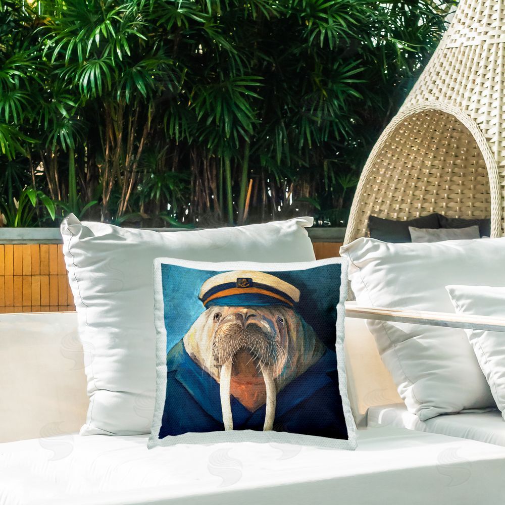 Kamdon Kreations Sailor Captain Walrus Outdoor Quick-Dry Polyester Printed Throw Pillow in Back Yard