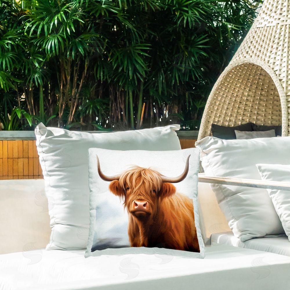 Heidi Kuntz Long Horn Highland Cow Portrait Outdoor Quick-Dry Polyester Printed Throw Pillow in Back Yard