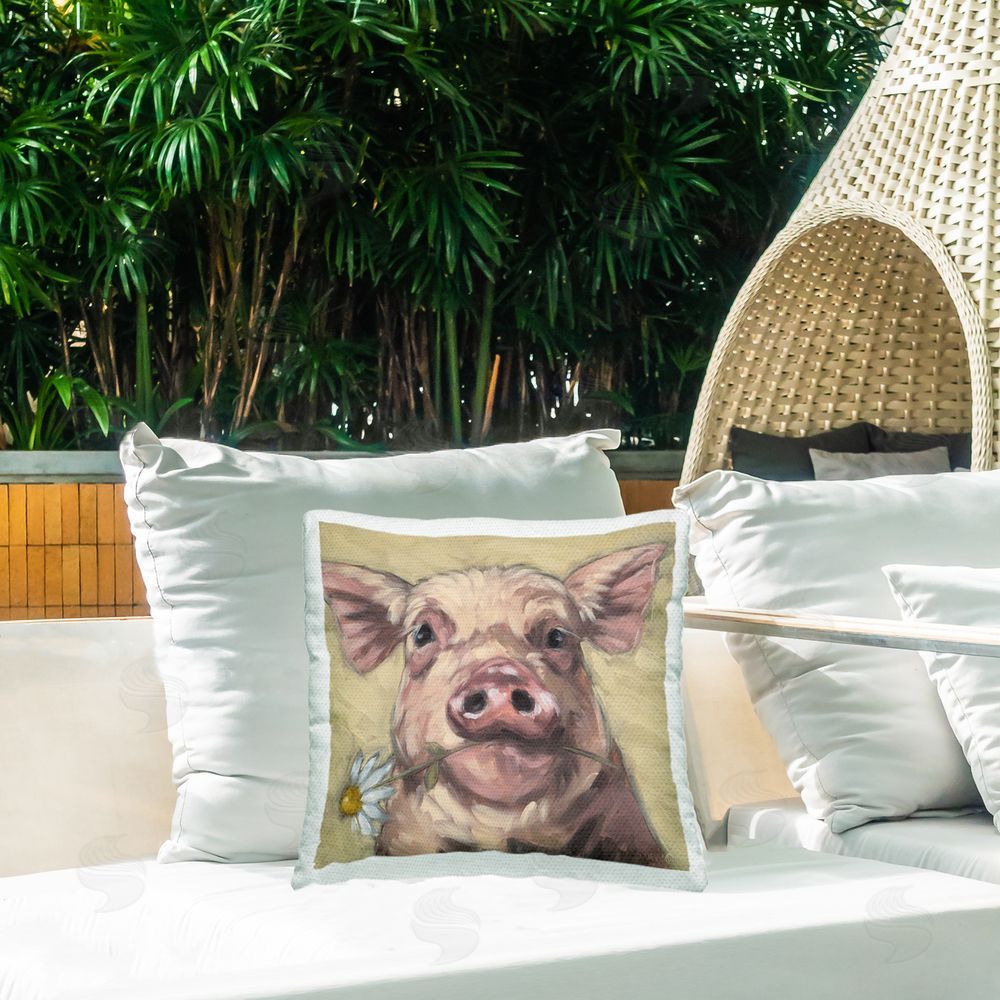Sara G. Designs Pig Holding Daisy Sprig Outdoor Quick-Dry Polyester Printed Throw Pillow in Back Yard