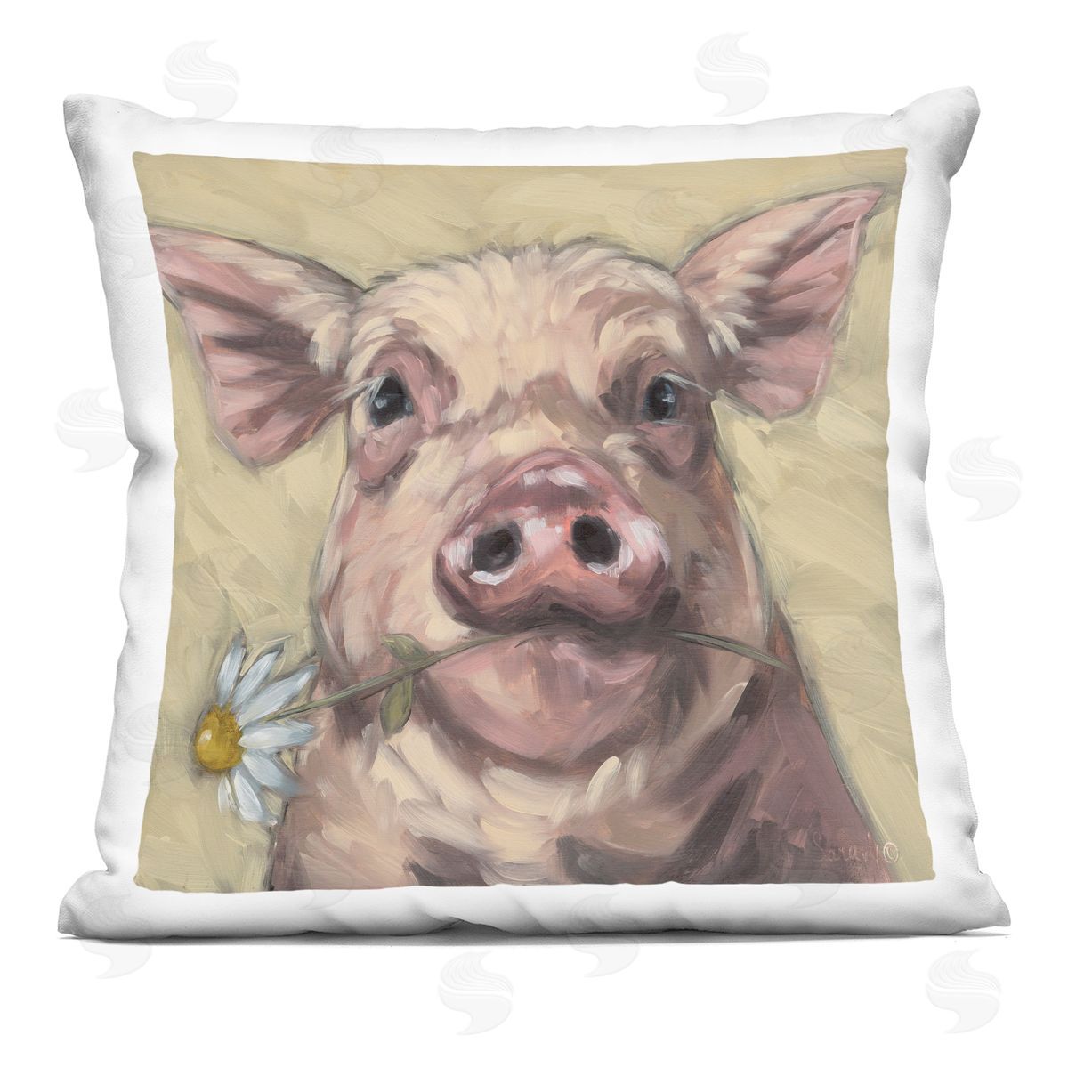 Sara G. Designs Pig Holding Daisy Sprig Printed Plush Polyester Throw Pillow