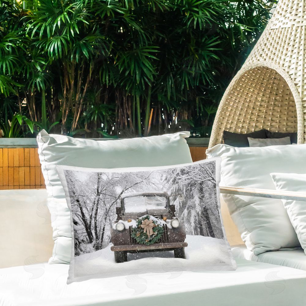 Lori Deiter Wreathed Truck in Snow Outdoor Quick-Dry Polyester Printed Throw Pillow in Back Yard