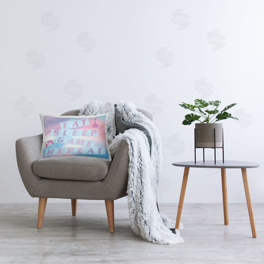 Yass Naffas Designs Pastel Eat Sleep Game Printed Plush Polyester Throw Pillow On Chair