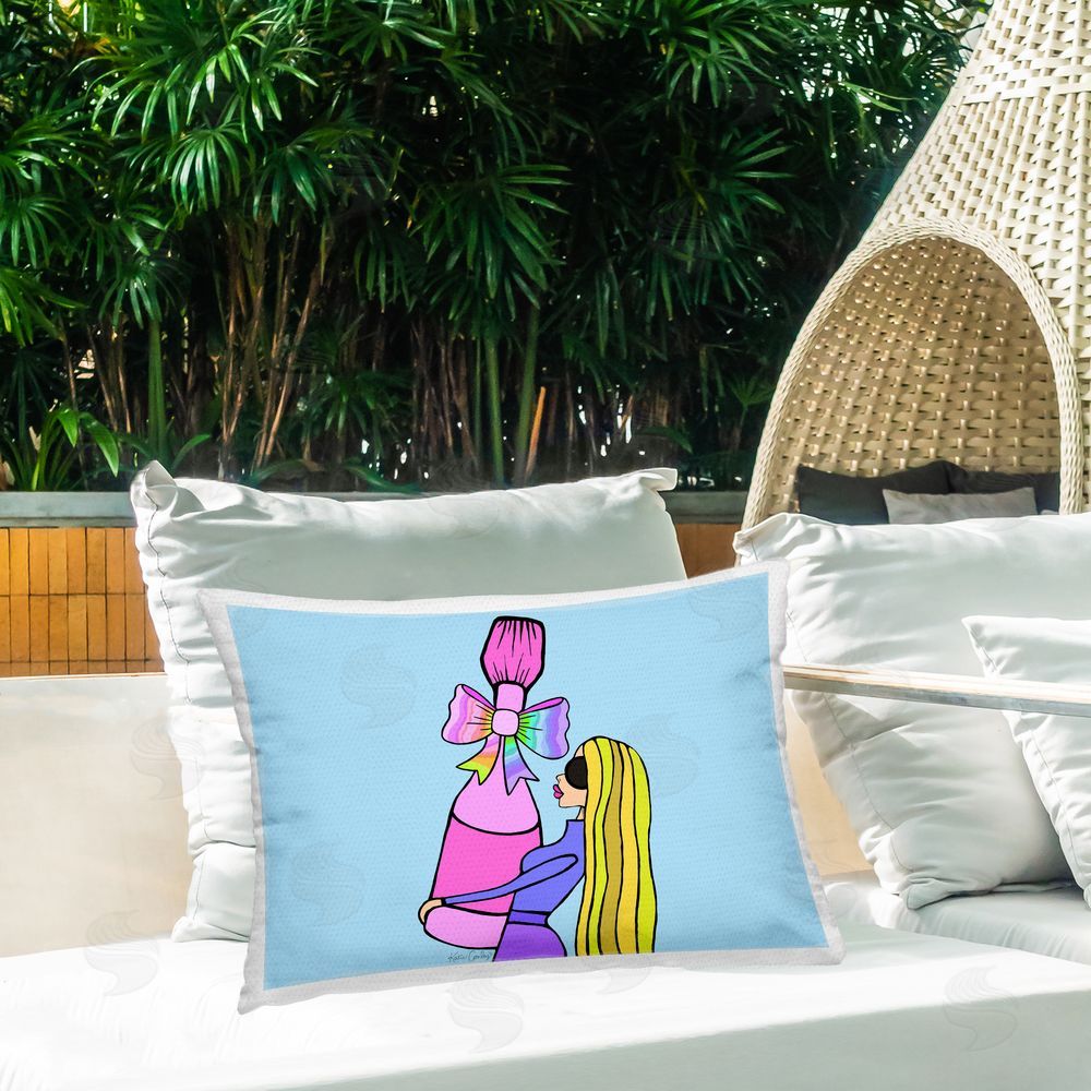 Katie Conley Bold Fashionista with Wine Bottle Outdoor Quick-Dry Polyester Printed Throw Pillow in Back Yard