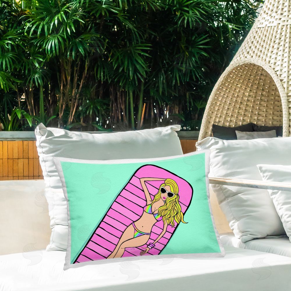 Katie Conley Trendy Girl on Pool Float Outdoor Quick-Dry Polyester Printed Throw Pillow in Back Yard