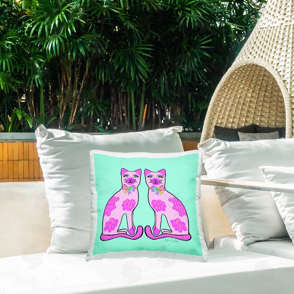 Katie Conley Classy Cats on Turquoise Outdoor Quick-Dry Polyester Printed Throw Pillow in Back Yard