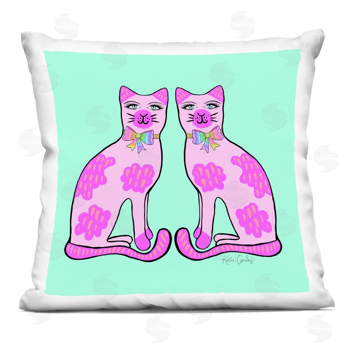 Katie Conley Classy Cats on Turquoise Printed Plush Polyester Throw Pillow