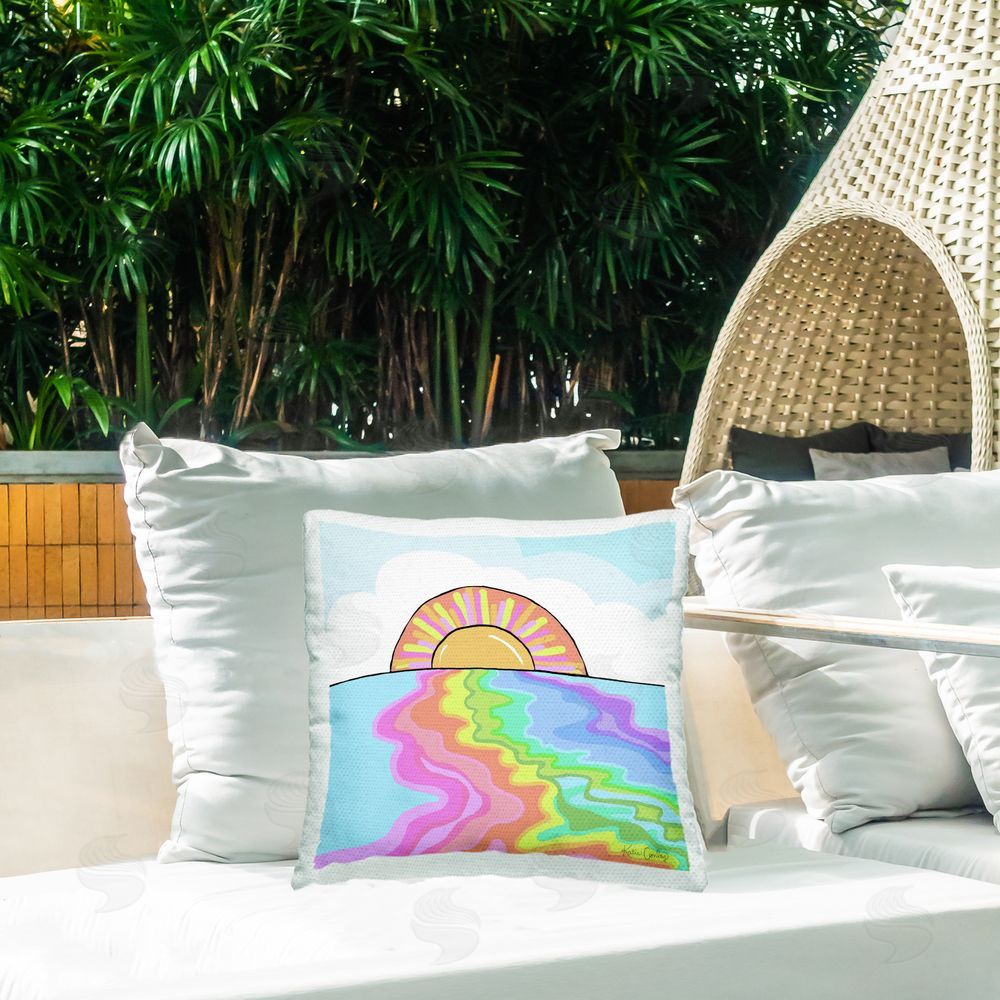 Katie Conley Swirling Rainbow on Sea Surface Outdoor Quick-Dry Polyester Printed Throw Pillow in Back Yard