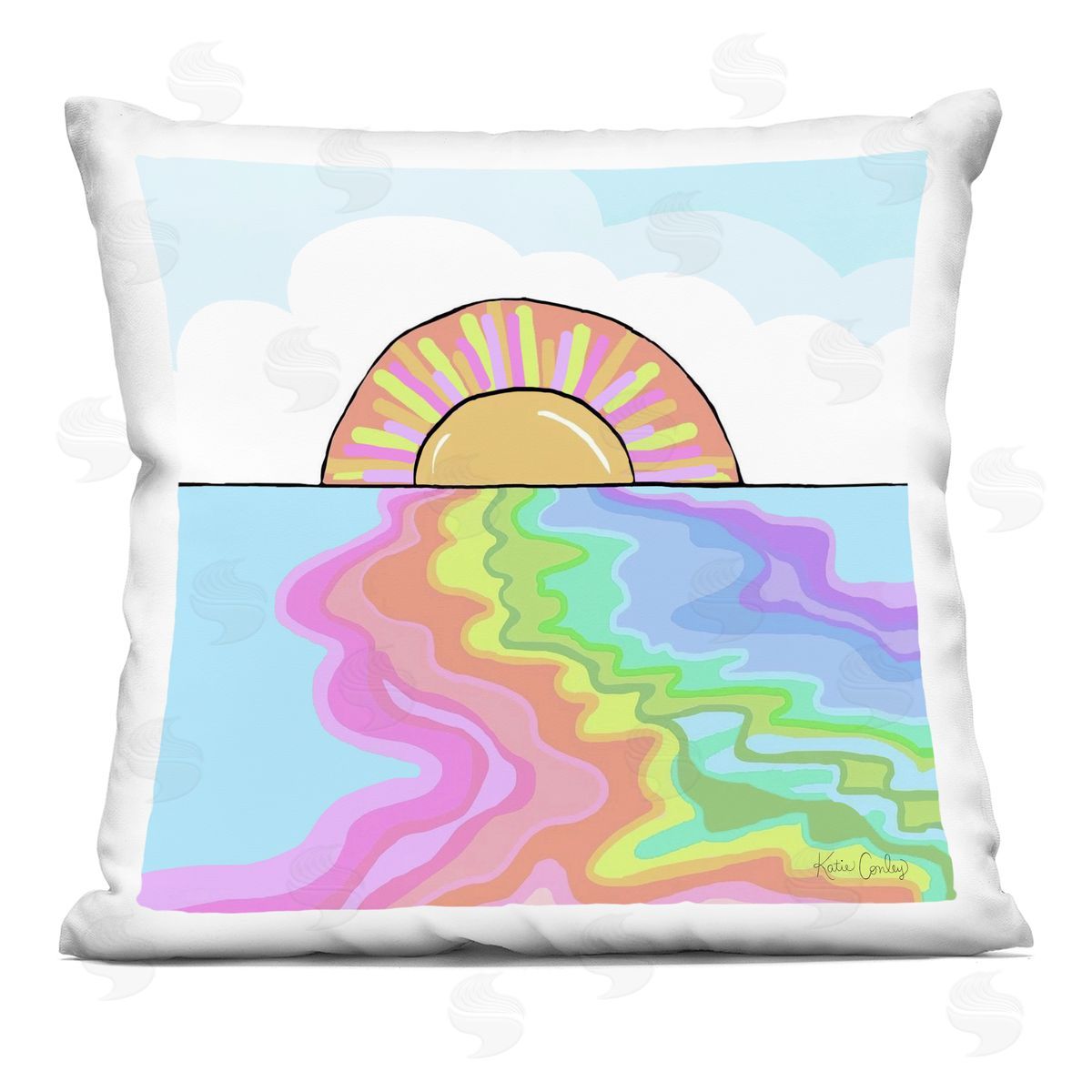 Katie Conley Swirling Rainbow on Sea Surface Printed Plush Polyester Throw Pillow