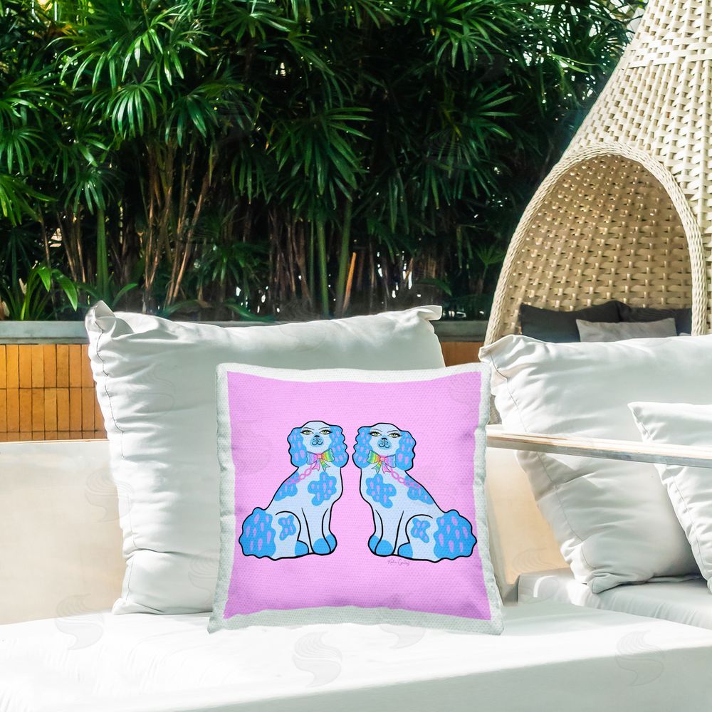 Katie Conley Blue Posh Poodles Outdoor Quick-Dry Polyester Printed Throw Pillow in Back Yard