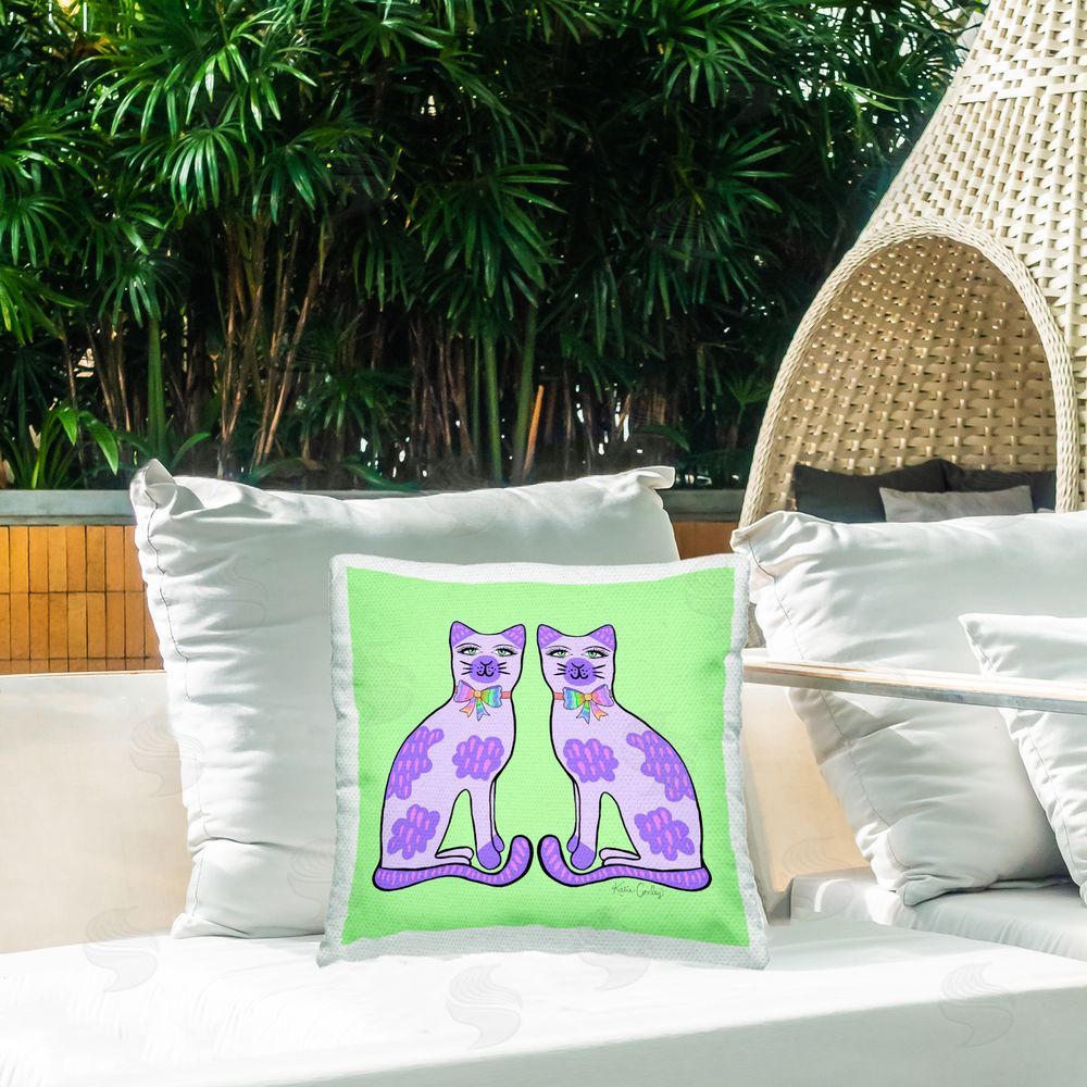 Katie Conley Classy Cats on Green Outdoor Quick-Dry Polyester Printed Throw Pillow in Back Yard