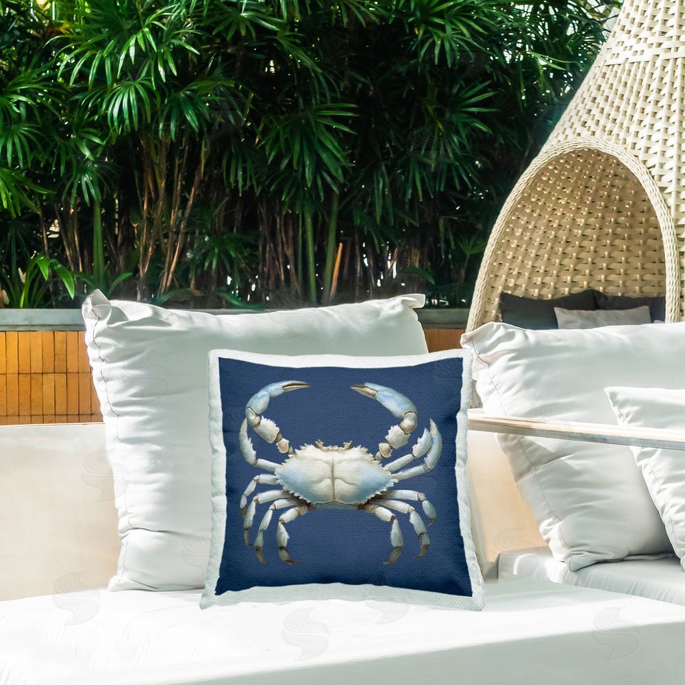 Elizabeth Medley Detailed Aquatic Blue Crab Outdoor Quick-Dry Polyester Printed Throw Pillow in Back Yard