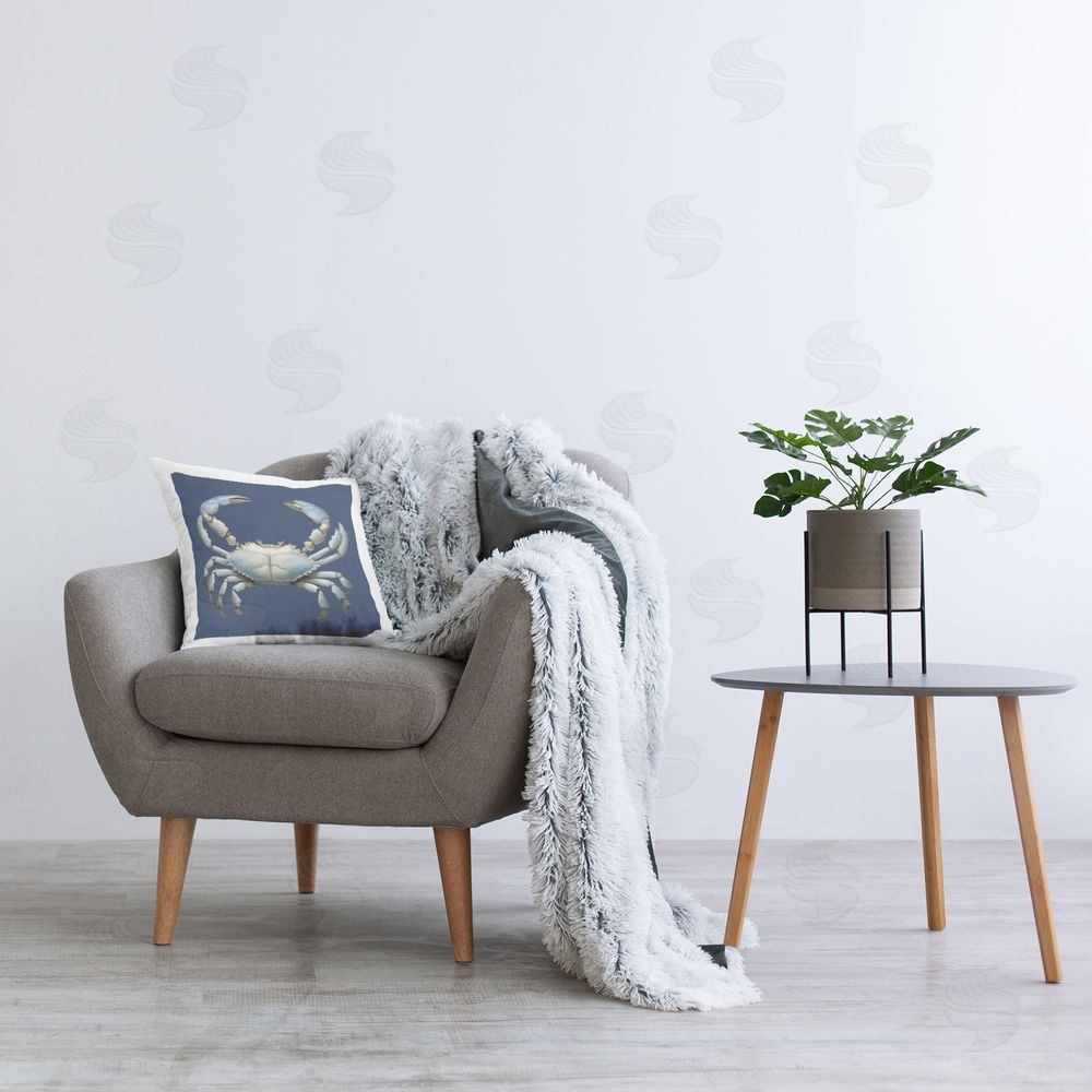 Elizabeth Medley Detailed Aquatic Blue Crab Printed Plush Polyester Throw Pillow On Chair