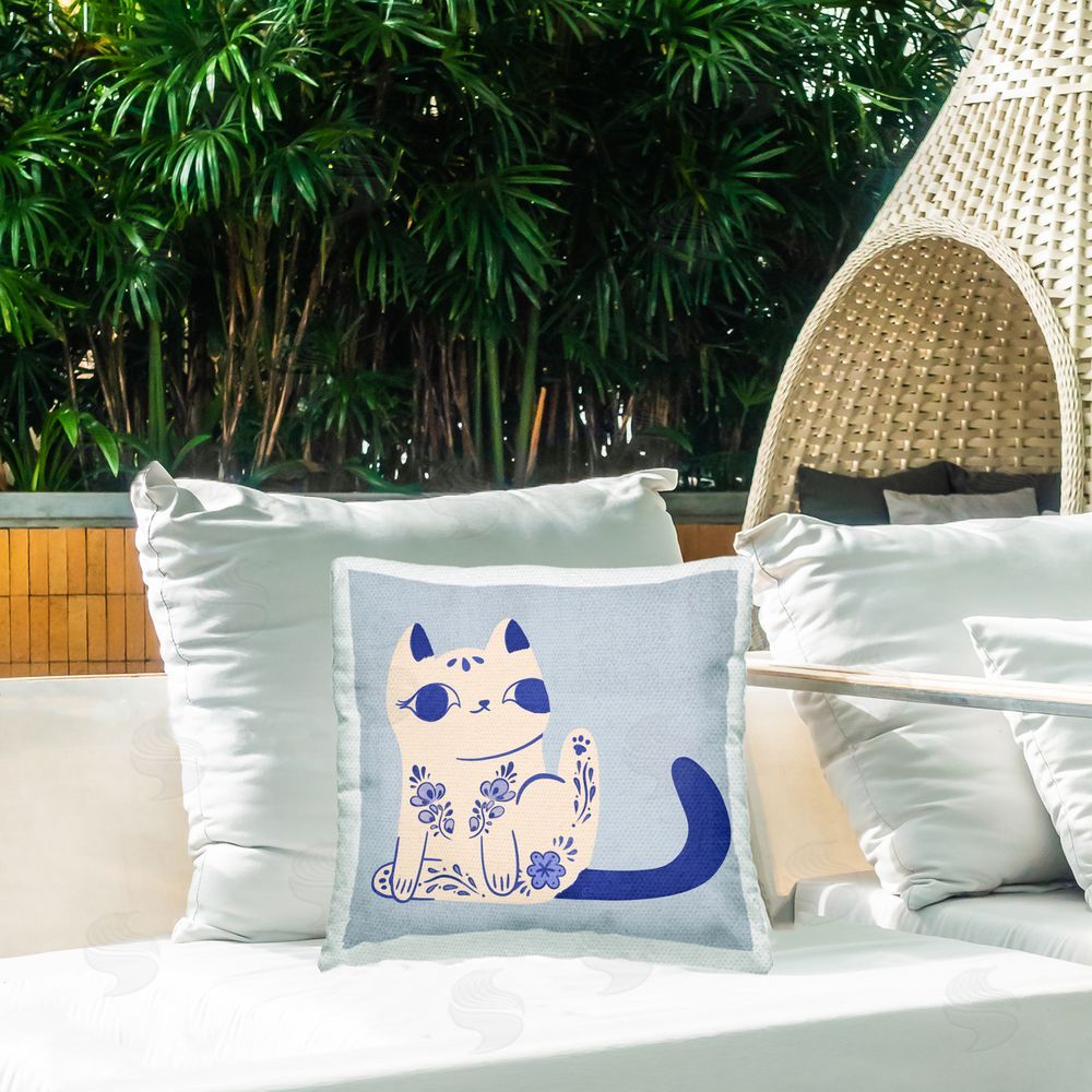 Carrie Cantwell Ornate Floral Cat Outdoor Quick-Dry Polyester Printed Throw Pillow in Back Yard