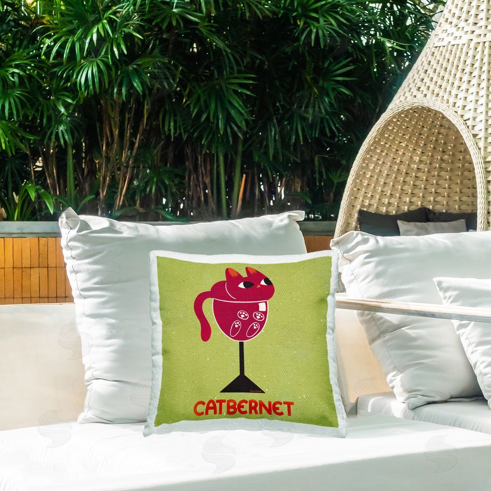 Carrie Cantwell Catbernet Cat Wine Outdoor Quick-Dry Polyester Printed Throw Pillow in Back Yard