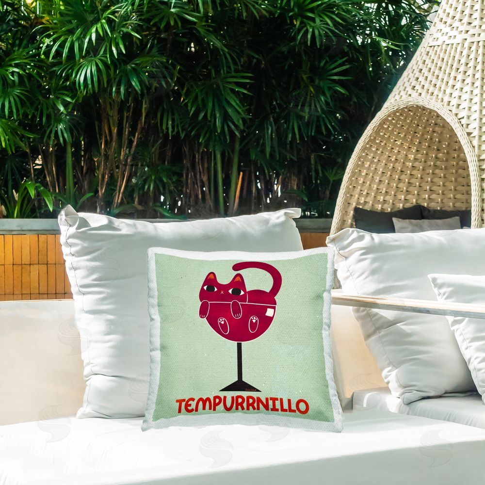 Carrie Cantwell Tempurrnillo Cat Wine Outdoor Quick-Dry Polyester Printed Throw Pillow in Back Yard