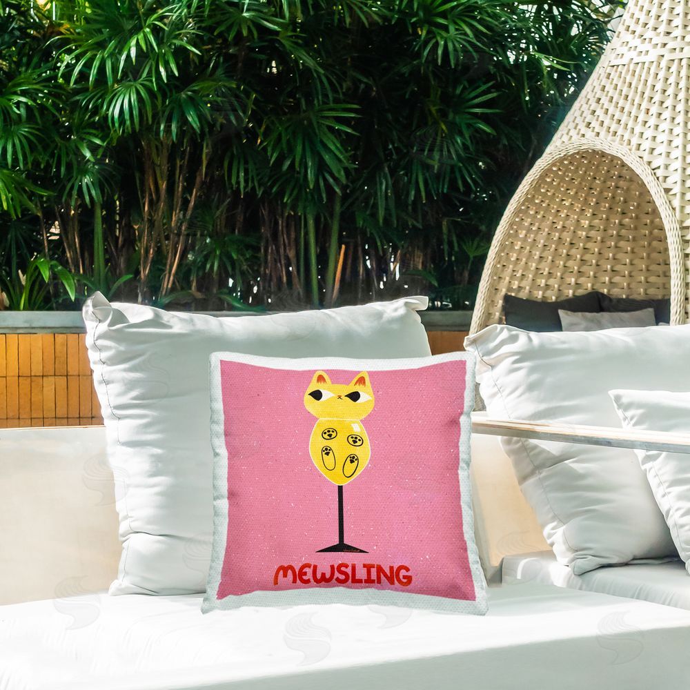 Carrie Cantwell Mewsling Cat Wine Outdoor Quick-Dry Polyester Printed Throw Pillow in Back Yard