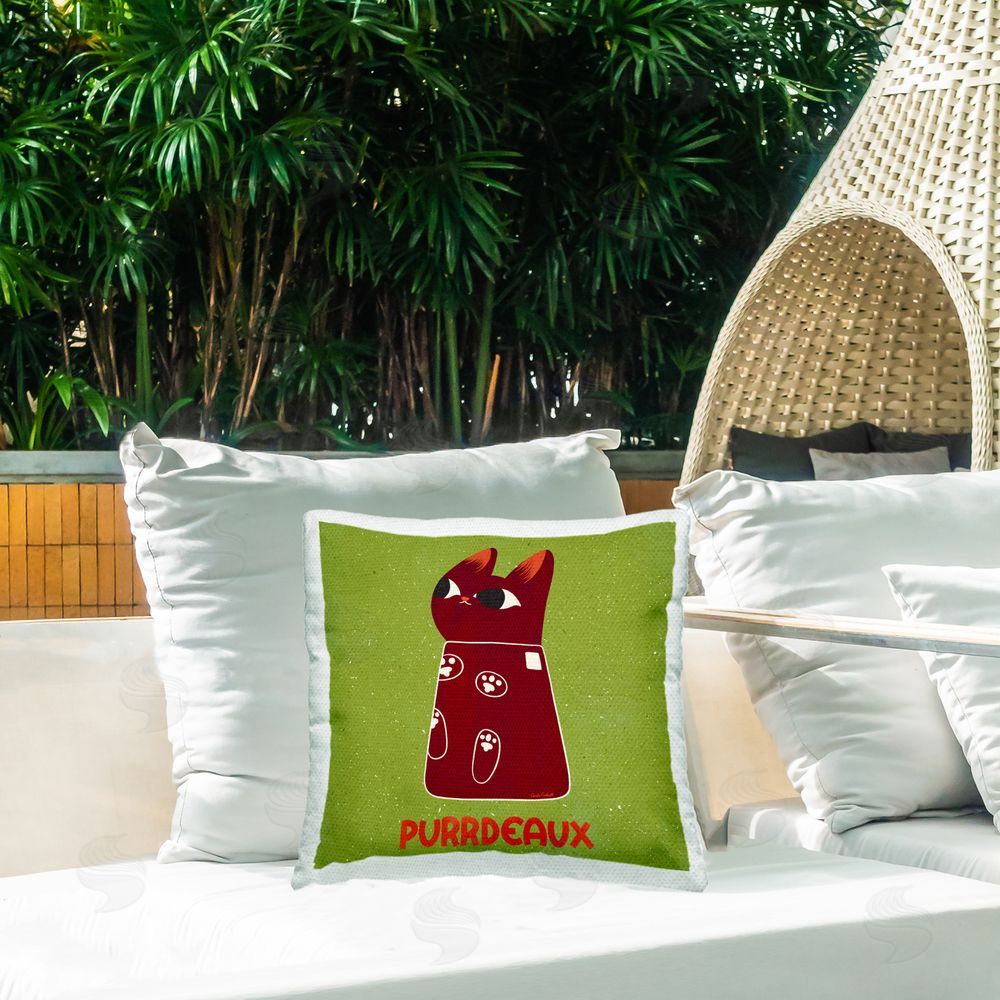 Carrie Cantwell Purrdeaux Feline Wine Outdoor Quick-Dry Polyester Printed Throw Pillow in Back Yard