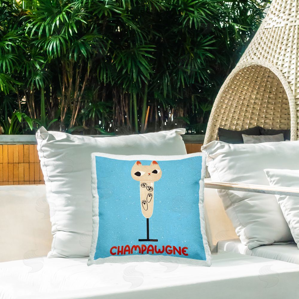 Carrie Cantwell Champawgne Feline Wine Outdoor Quick-Dry Polyester Printed Throw Pillow in Back Yard