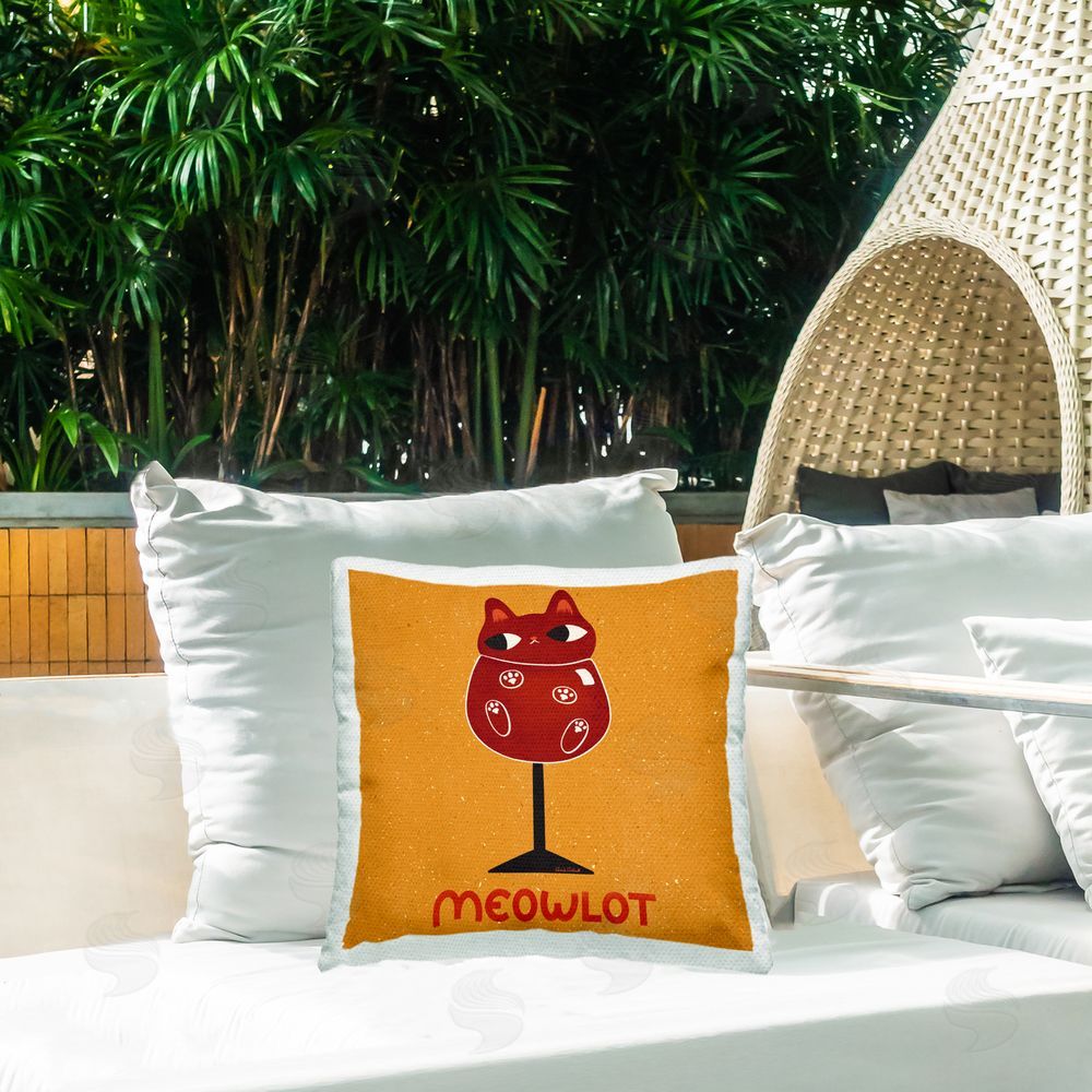 Carrie Cantwell Meowlot Cat Merlot Outdoor Quick-Dry Polyester Printed Throw Pillow in Back Yard