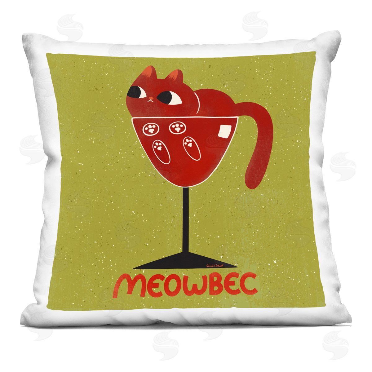Carrie Cantwell Meowbec Cat Wine Printed Plush Polyester Throw Pillow