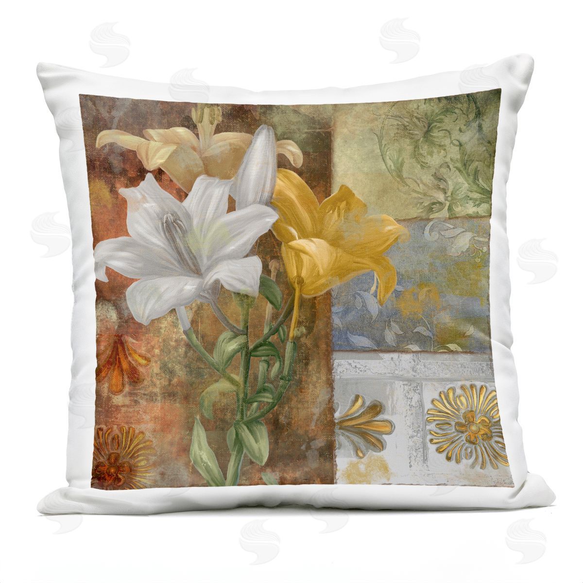 Sasha Blooming Lilies on Tile Pattern Outdoor Quick-Dry Polyester Printed Throw Pillow