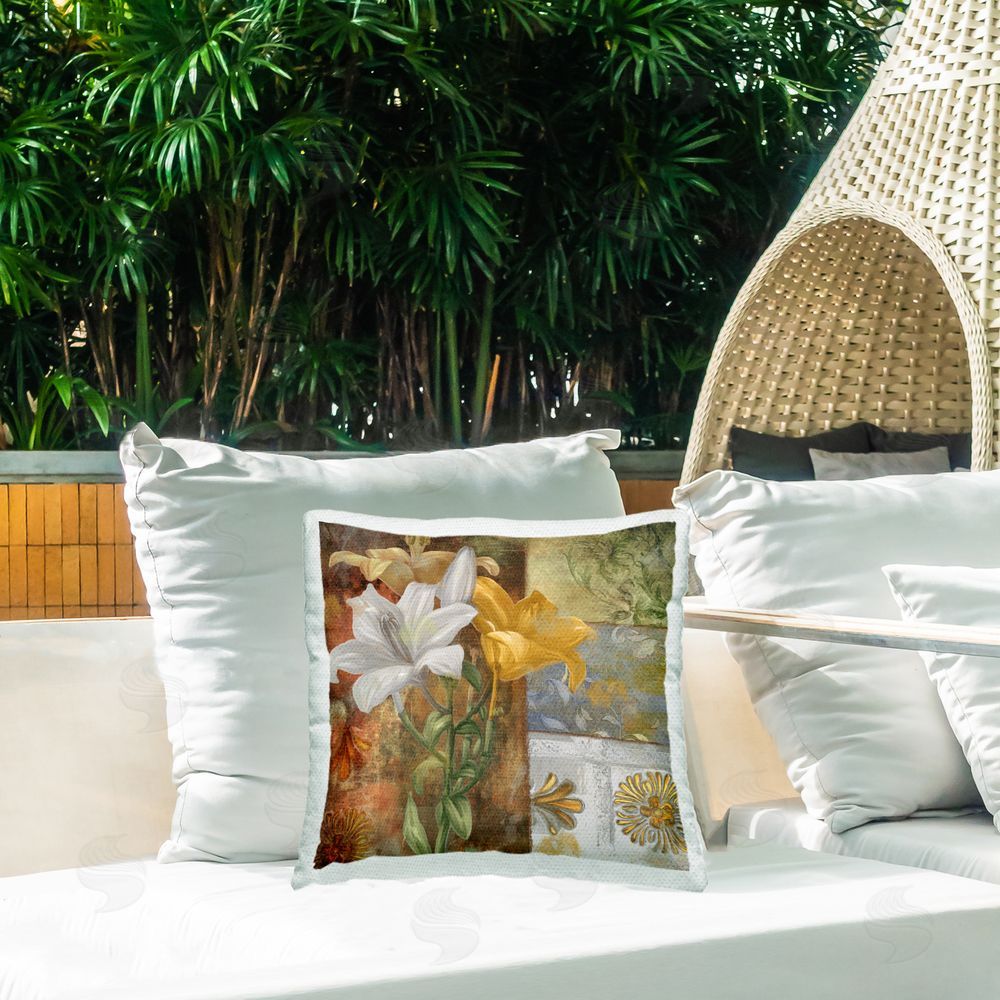 Sasha Blooming Lilies on Tile Pattern Outdoor Quick-Dry Polyester Printed Throw Pillow in Back Yard