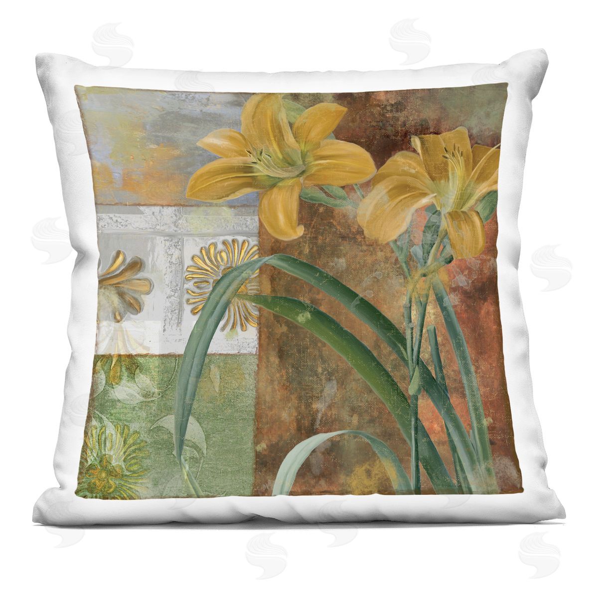 Sasha Yellow Lilies on Vintage Tile Printed Plush Polyester Throw Pillow