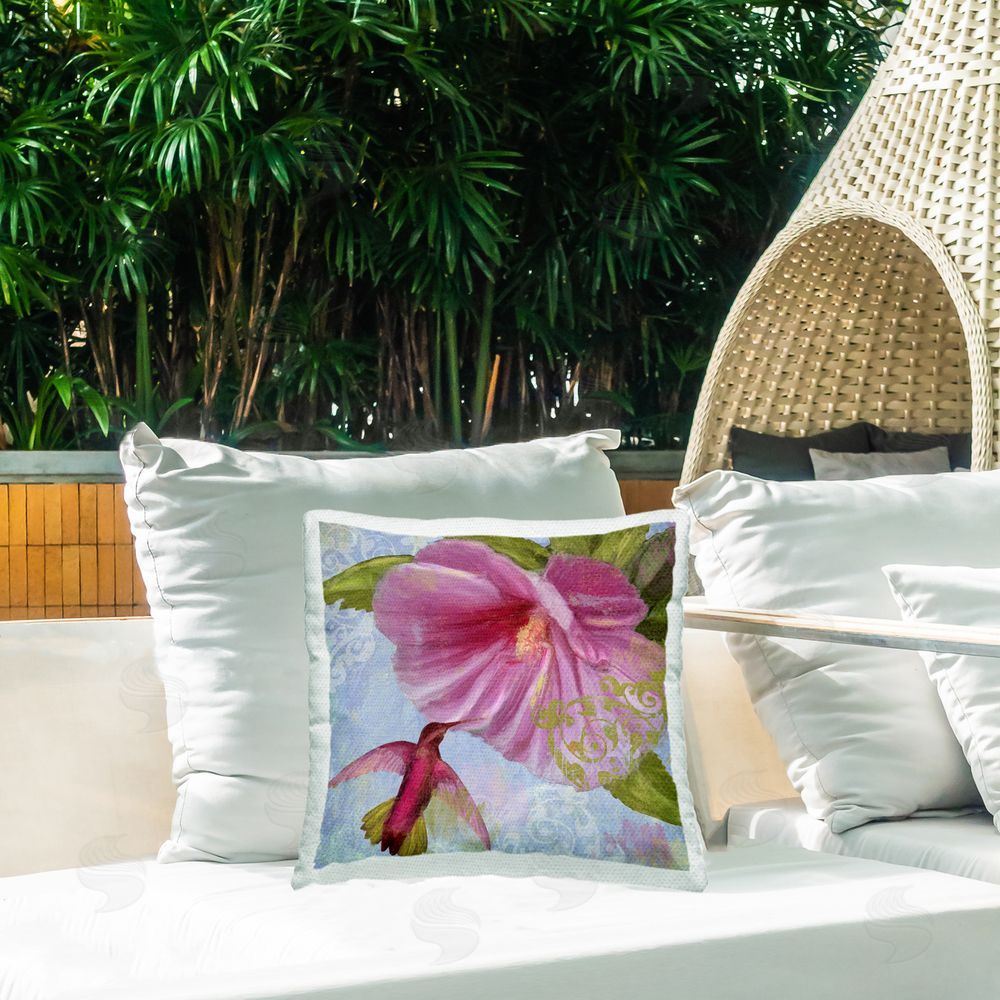 Sasha Hummingbird & Purple Poppy Outdoor Quick-Dry Polyester Printed Throw Pillow in Back Yard
