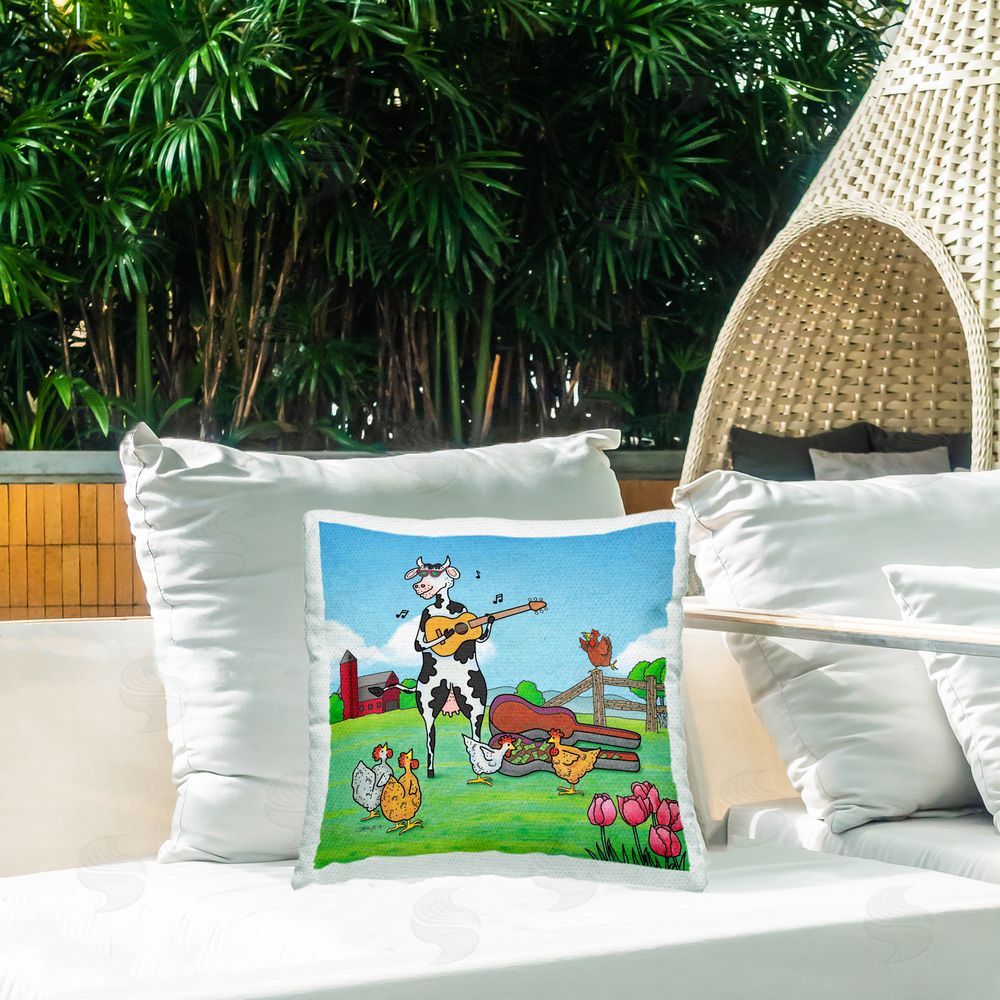 Roger Straub Busking Cow with Audience Outdoor Quick-Dry Polyester Printed Throw Pillow in Back Yard