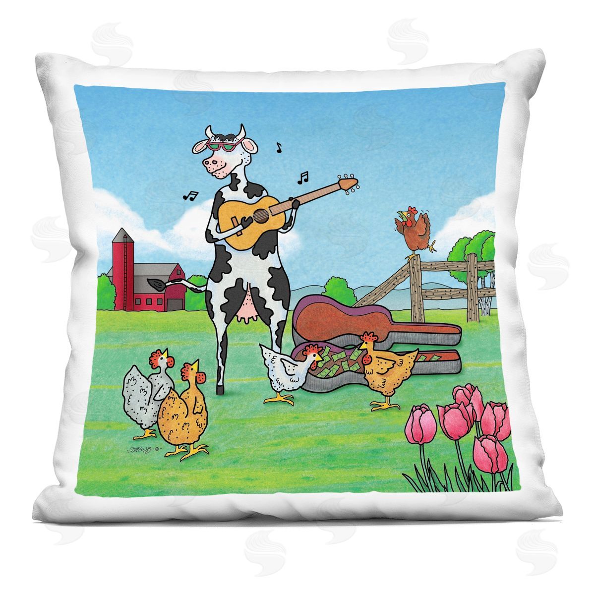 Roger Straub Busking Cow with Audience Printed Plush Polyester Throw Pillow