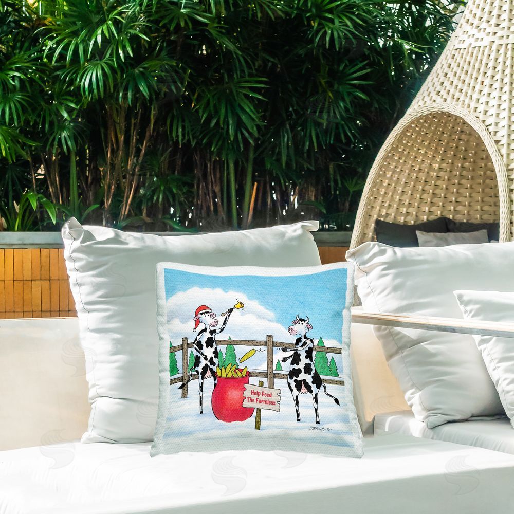 Roger Straub Feed The Farmless Funny Cows Outdoor Quick-Dry Polyester Printed Throw Pillow in Back Yard