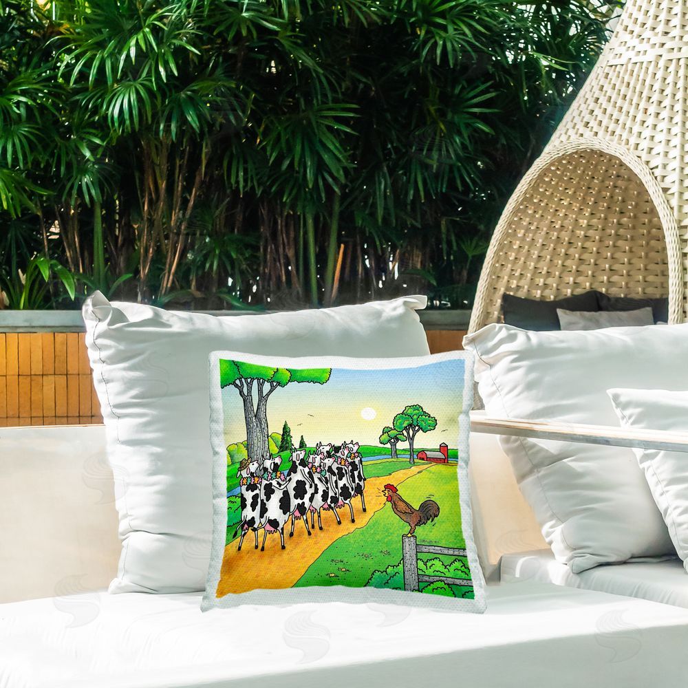 Roger Straub Funny Cows Come Home Outdoor Quick-Dry Polyester Printed Throw Pillow in Back Yard