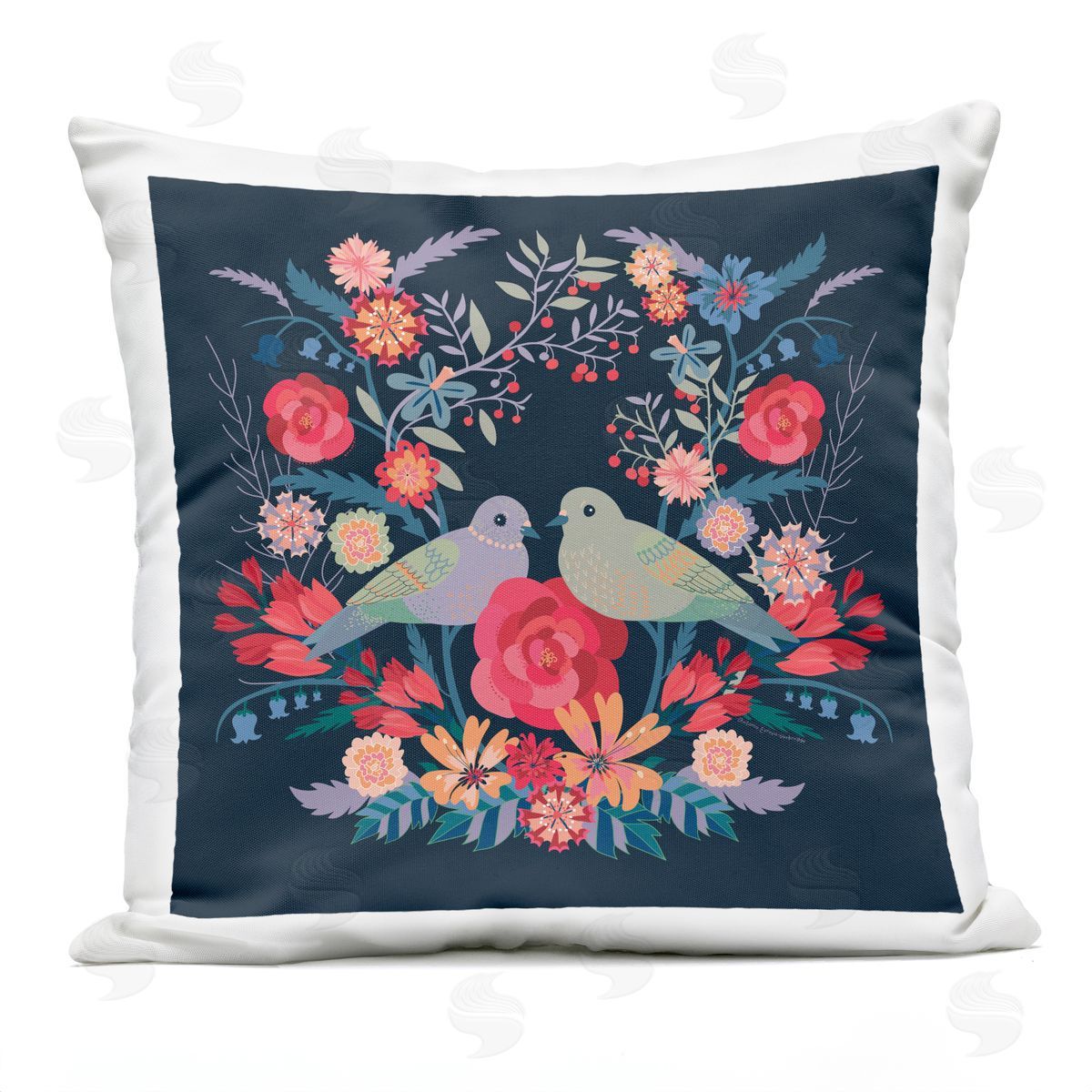 Verbrugge Watercolor Symmetrical Birds & Flowers Outdoor Quick-Dry Polyester Printed Throw Pillow