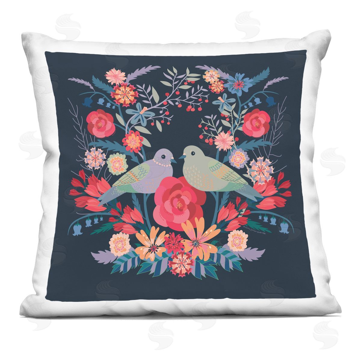 Verbrugge Watercolor Symmetrical Birds & Flowers Printed Plush Polyester Throw Pillow