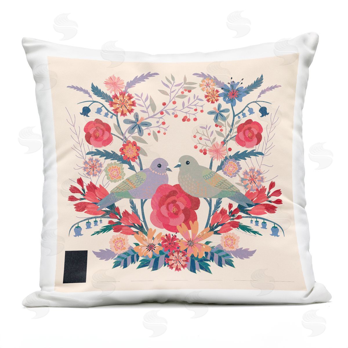 Verbrugge Watercolor Symmetrical Folk Flowers & Birds Outdoor Quick-Dry Polyester Printed Throw Pillow